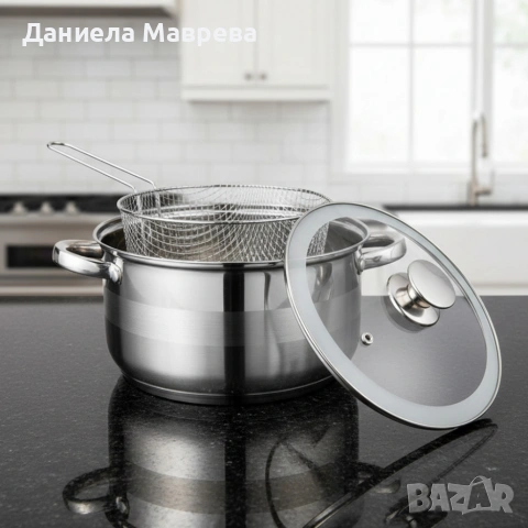 Тенджера с кошница за пържене и стъклен капак Cheffinger Ø24 см – инокс, 6,5 л, за всички котлони