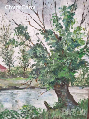 94х74см наивизъм/голяма картина масло върху платно/къща-дървета-река/1979/дървена рамка, снимка 6 - Картини - 50852908