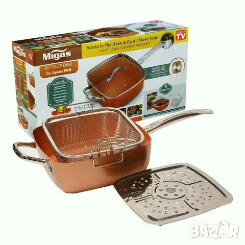 Топ цена! Нов дълбок меден тиган Copper Pan, Комплект 6 в 1, Незалепващо Cerami-Tech покритие, снимка 14 - Съдове за готвене - 46104920