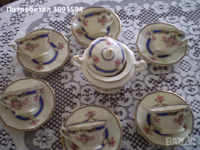 Стар сервиз за ЧАЙ порцелан SCHLAGGENWALD BOHEMIA Бяло синьо злато Рядка находка, снимка 1