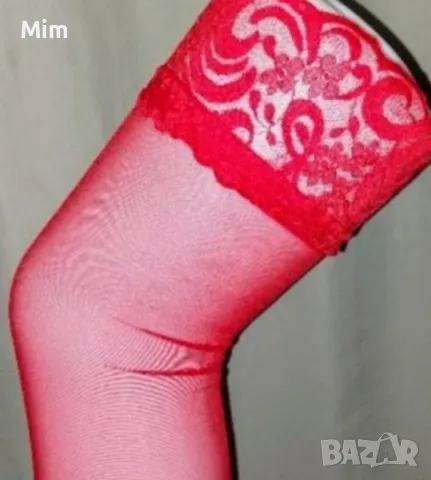 Червени дамски чорапи с дантела , снимка 2 - Бельо - 47723023