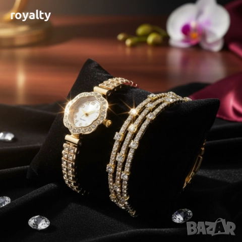 Елегантен дамски комплект – кварцов часовник с гривни в подаръчна кутия