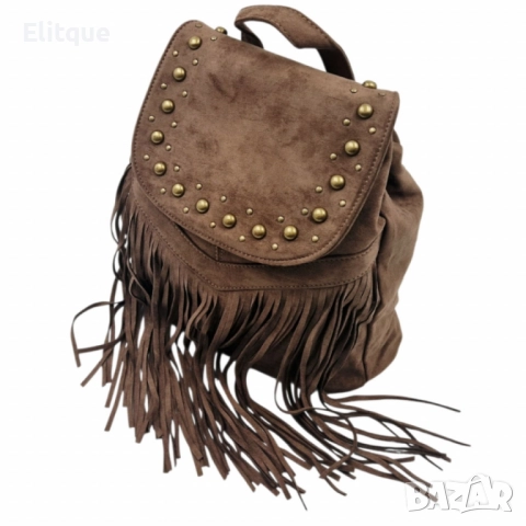Велурена дамска раница с ресни и метални нитове – бохо стил и практичност, снимка 3 - Чанти - 52459500