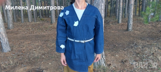 Дамско кимоно от рециклиран деним и рисувана Гинко Билоба , снимка 7 - Сака - 48851511