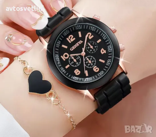 Модерен дамски комплект: Кварцови часовници Geneva + бижута (4 в 1), снимка 4 - Други - 48196490