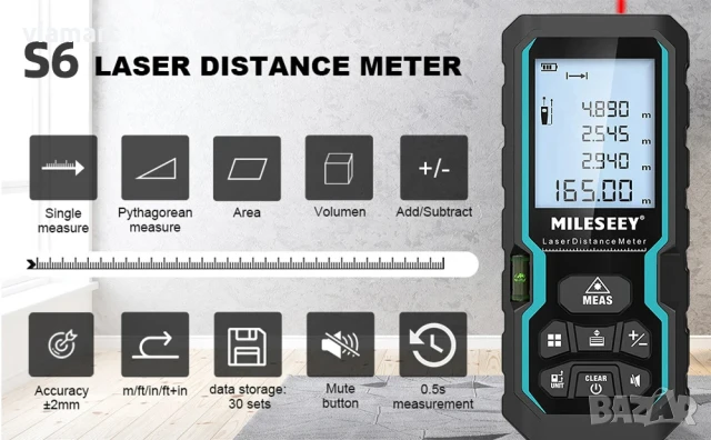 Лазерна ролетка MILESEEY S6 – до 40 м, LCD дисплей, площ, обем и косвени разстояния, снимка 8 - Измервателни инструменти - 50751987