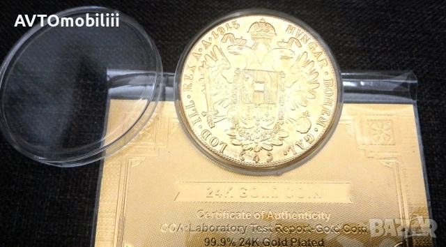 Позлатена с 24 карата злато голяма монета 4 Дуката 1915 г със сертификат , снимка 3 - Нумизматика и бонистика - 53796504