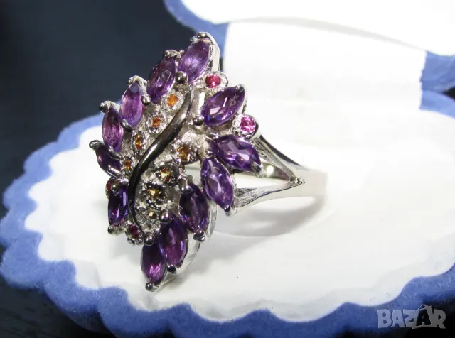 925 сребърен пръстен с аметист, сапфир и родолит. Халка 8/57/18.19 подходящ за подарък, снимка 2 - Пръстени - 49498169