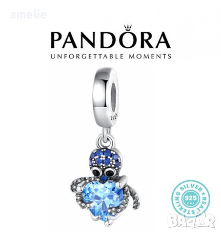Нова колекция! Талисман Pandora Пандора сребро 925 Blue Heart Octopus. Колекция Amélie, снимка 1 - Гривни - 42678451