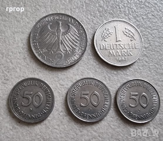 Монети . Германия.  1 , 2  дойче марки и  3 бройки по 50 пфенига.