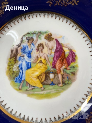 Трите грации, кобалт, позлата⚜️  MZ (Moritz Zdekauer)  Порцеланова чиния , снимка 5 - Чинии - 53156567