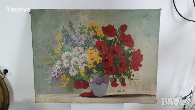 Стара картина „Пролетен букет“,  изобразяваща богат и жизнен цветен букет. , снимка 2 - Картини - 53728056