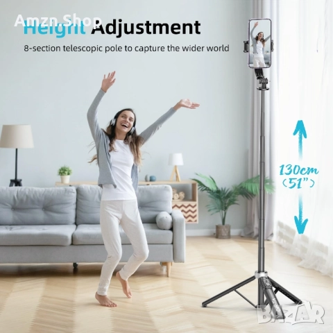 qirita 130см. селфи стик статив разтегателна стойка за мобилен телефон с дистанционно управление, снимка 3 - Селфи стикове, аксесоари - 51569780