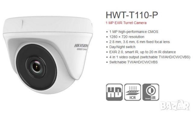 4в1 HD-TVI/HD-AHD/HD-CVI/CVBS HikVision HWT-T110-P 1MP Водоустойчива Камера EXIR IR20М Нощно Вижданe