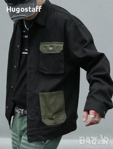 Ново мъжко карго дънково яке риза черно военни джобове деним памук XХЛ, снимка 8 - Якета - 52635123