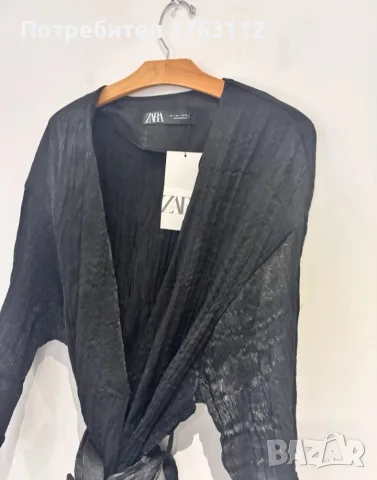 Zara черна текстурирана блуза кимоно с връзка отпред, размер L, нова с етикети, снимка 6 - Блузи с дълъг ръкав и пуловери - 55779282