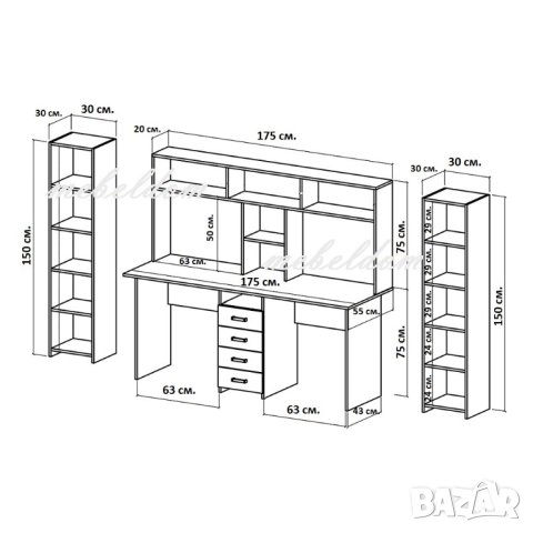 Бюро 175см. с надстройка за двама,4 чекмеджета и 2 етажерки с плавни врати(код-0933), снимка 6 - Бюра - 41223910