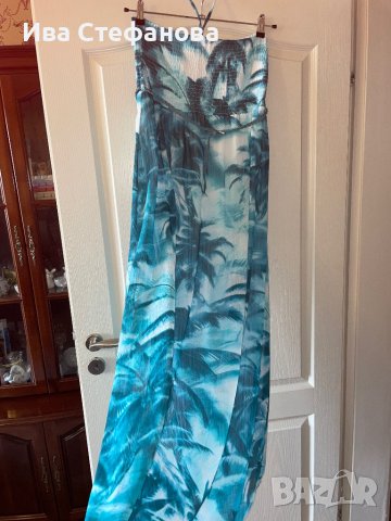 Ефирна дълга тюркоазена  елегантна ежедневна рокля тропик палми тропически принт , снимка 6 - Рокли - 41703823