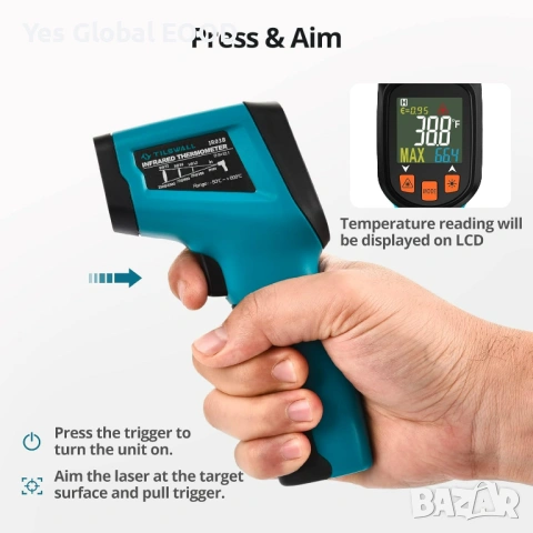 Tilswall IR Термометър -50C до 600C LCD, снимка 2 - Друга електроника - 53640059