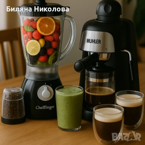 Комплект от еспресо машина MUHLER MCM-33 + 2 стъклени чаши и блендер с мелничка, снимка 5 - Кафемашини - 52391333