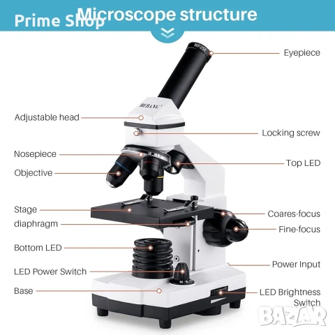Биологичен Микроскоп BEBANG 100X-2000X, 2х LED осветяване, аксесоари , снимка 6 - Други - 53409173