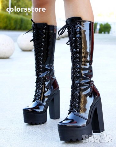 Ботуши на ток - черен лак с черно ходило - 593