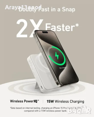 Anker MagGo Power Bank за iPhone 10 000 mAh Qi2 – 15W, MagSafe, стойка, бял, снимка 4 - Аксесоари за Apple - 55949082