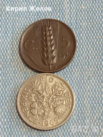  Монети 5 чентезима 1930г. Италия Виктор Емануил  - 6 пенса 1965г. Англия  Елизабет втора 30052