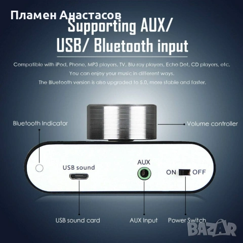 Nobsound Mini Bluetooth 5.0 Digital Power Amplifier – HiFi стерео усилвател 2×50W (черен), снимка 5 - Ресийвъри, усилватели, смесителни пултове - 53870756