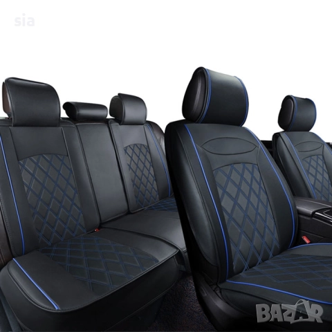 Тапицерия за автомобил от еко кожа, 5 части Черно/Син кант, снимка 3 - Аксесоари и консумативи - 51729190