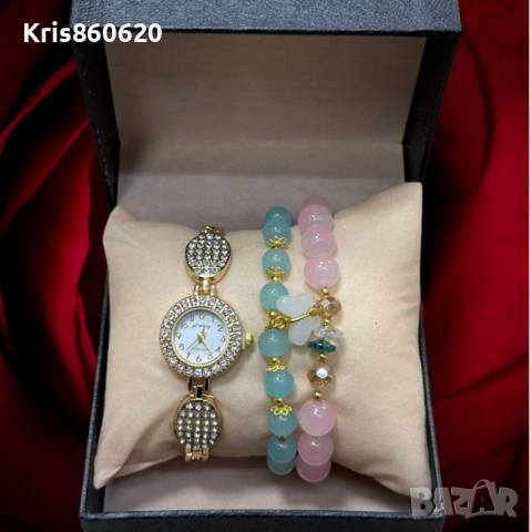 Елегантен дамски комплект аксесоари - часовник с камъни цирконии и 2 броя гривни с естествени камъни, снимка 7 - Дамски - 44535989