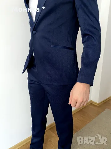 Елегантен мъжки син костюм Теодор (Slim Fit) – отлично състояние, снимка 2 - Костюми - 48926465