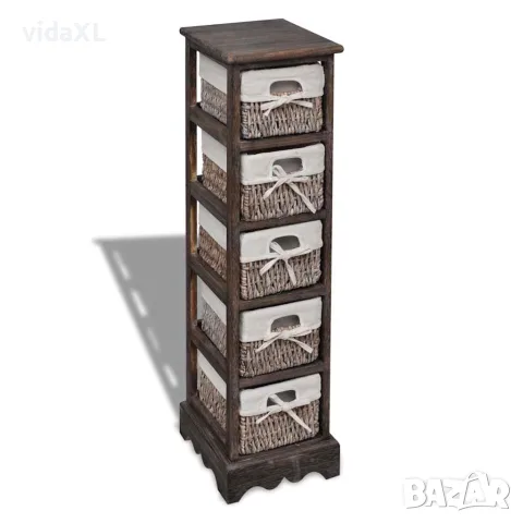 vidaXL Кафяв дървен стелаж с 5 плетени кошници за съхранение