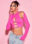 Дизайнерски Модел Еластичен Бонбонено Розов Барби Цвят Кроп Топ с Блестящи Акценти КОД 0076, снимка 7