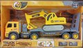 Детска играчка Камион с жълта платформа с багер със светлини и звуци, на батерии