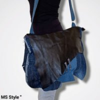 Асиметрична дамска чанта от деним и естествена кожа , снимка 3 - Чанти - 39239196