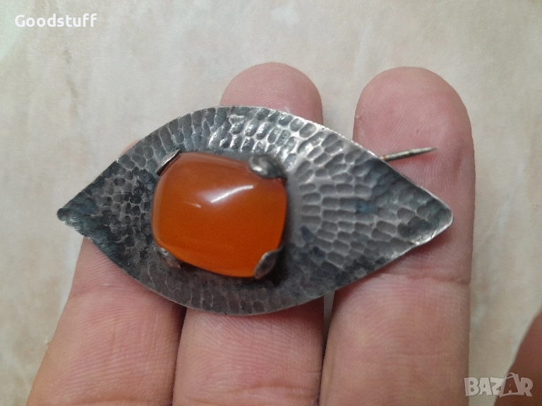 Сребърна, карнеол, брошка в стил арт нуво, ръчна изработка , снимка 1