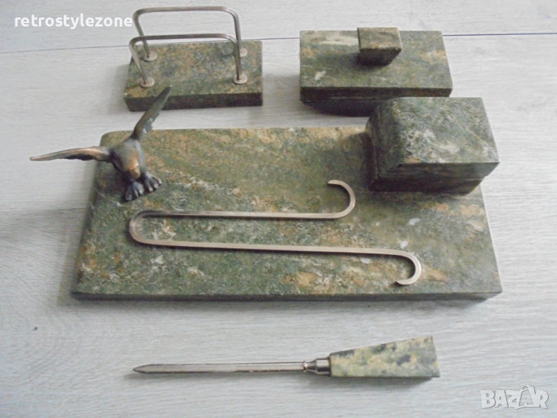 № 8311 Антикварен бюрален комплект от зелен камък и месинг – арт деко стил , снимка 1