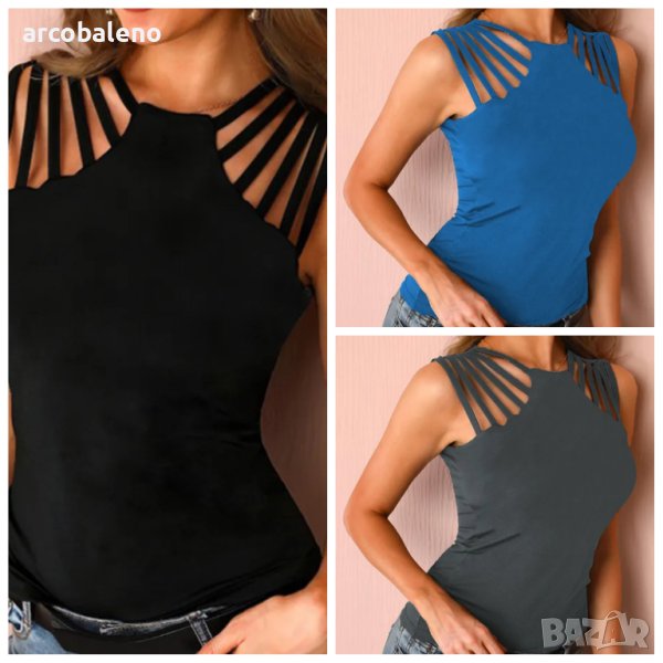 Едноцветен дамски топ с кухи рамена и плетено деколте, 3цвята - 023, снимка 1