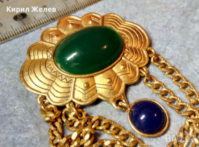 СТАРА АР ДЕКО СТИЛ ПОЗЛАТЕНА БРОШКА с ШЛИФОВАН ЗЕЛЕН АХАТ МАЙСТОРСКА РЕТРО ИЗРАБОТКА 48843, снимка 2 - Антикварни и старинни предмети - 48160266