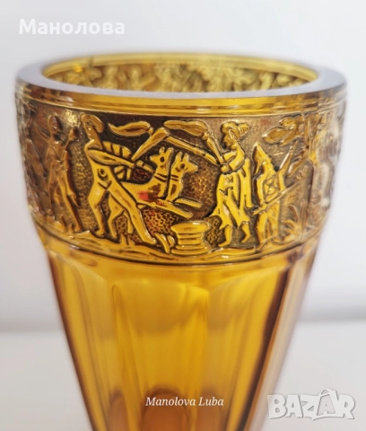 Антикварна ваза от кехлибарено стъкло със златен фриз от August Walther & Sons AG в стил Art Deco, снимка 3 - Други ценни предмети - 52285464