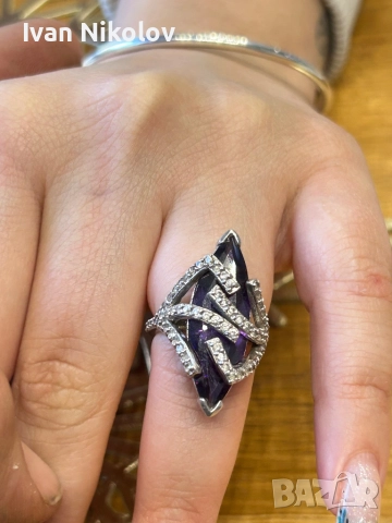Невероятен голям сребърен пръстен с аметист, снимка 3 - Пръстени - 52905713