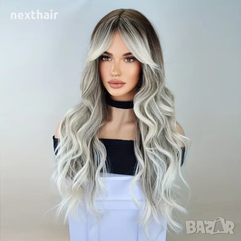 Чуплива сребристо-сива омбре перука с тъмни корени и дълъг бретон 65 см, снимка 6 - Сватбени аксесоари - 53501119