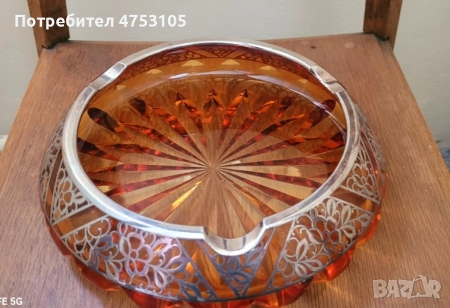 кристален пепелник за пури със сребърна гравюра 