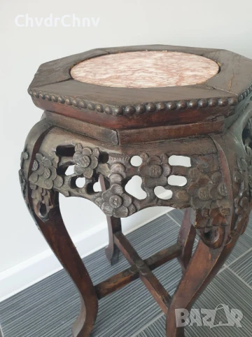 62см конзолна маса дърворезба-мрамор/дървена масичка-пиедестал-поставка за саксия, снимка 4 - Антикварни и старинни предмети - 51302142