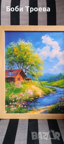 Хармония-пасторална сцена с къщичка, поток и диви цветя, идеална за домашен декор на дома,, снимка 5 - Картини - 51977714