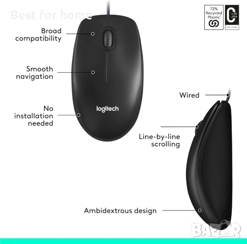 Мишка Logitech M100 с кабел, USB, 3 бутона, 1000 DPI оптично проследяване, за двете ръце - черна, снимка 7 - Клавиатури и мишки - 53683404