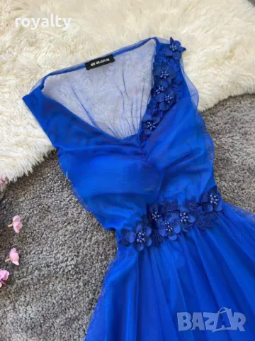 Рокля с тюл в цвят турско синьо, снимка 2 - Рокли - 50414522