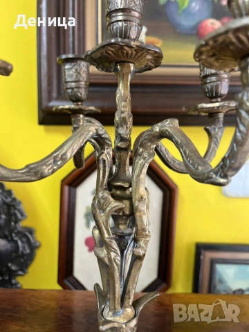 Масивен брознов или месингов свещник (канделабър) с пет гнезда  за свещи  Ар Нуво с богати орнаменти, снимка 6 - Други - 53490215