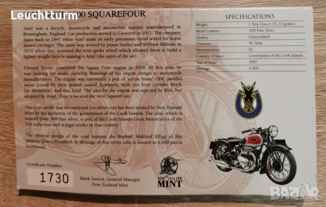 2 долара Острови Кук 2007 - Ретро мотори 1 оз. ARIEL 1000 SQUAREFOUR, снимка 3 - Нумизматика и бонистика - 36516067